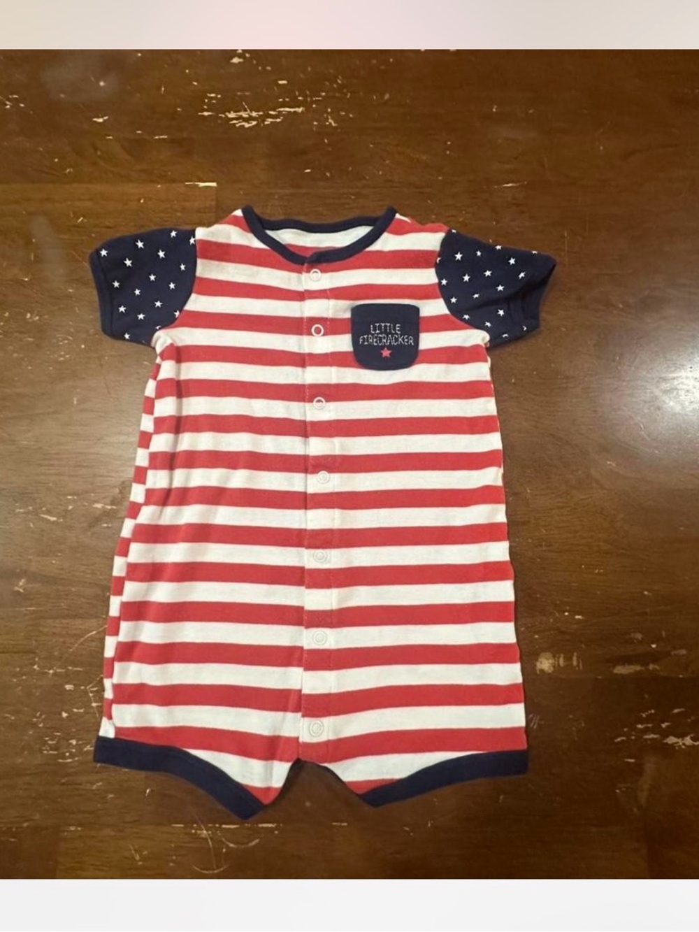 Child of Mine  Red and White Striped Romper with Navy Trim
